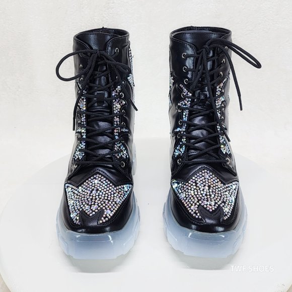 Aces Rhinestone Combat Boots Punk Goth Glam Shoes Last Ones - Picture 7 of 10